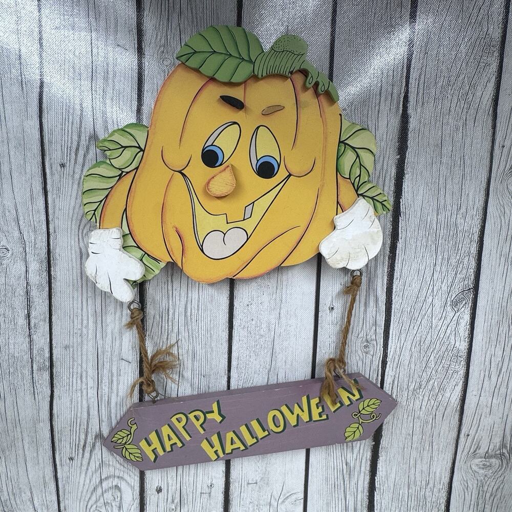 Vtg Happy Halloween Wooden Jack O Lantern Decoration Door Wall Window - AS IS